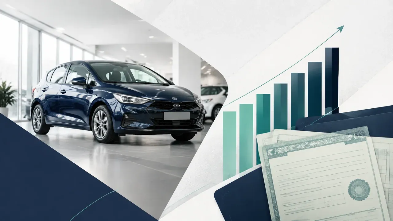 Colagem minimalista com automóvel, documentos e gráfico de crescimento dos emplacamentos de veículos em agosto de 2026