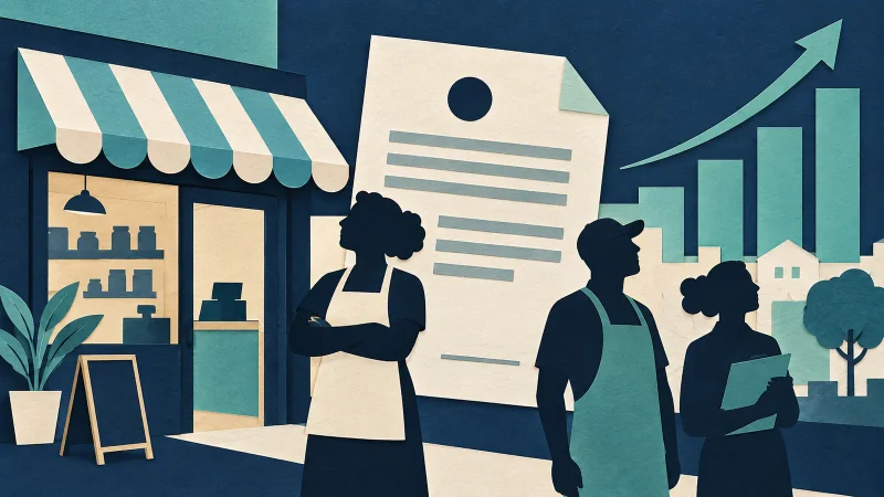 Colagem ilustrativa de pequeno negócio e registro empresarial para dados de formalização do IBGE