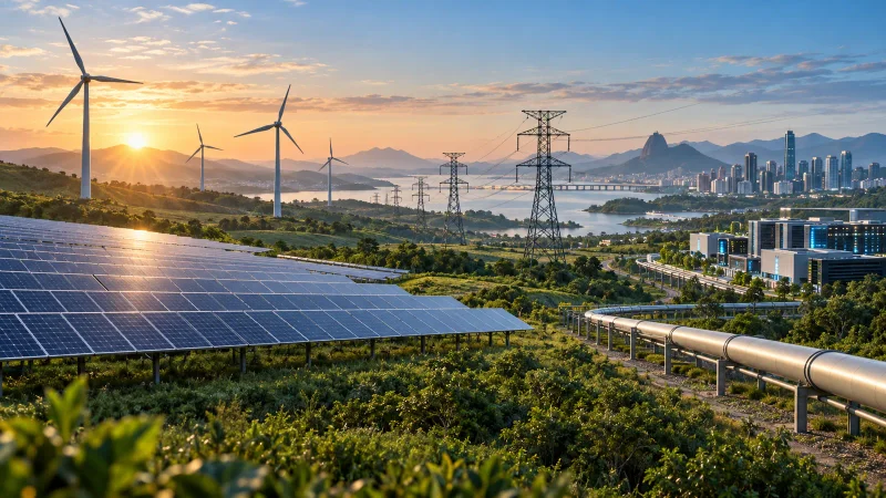 Parque solar, turbinas eólicas, transmissão, gasoduto e data center em paisagem brasileira