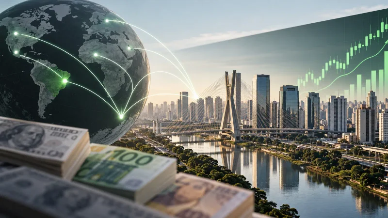 Mapa global e gráfico representam entrada de capital estrangeiro na B3