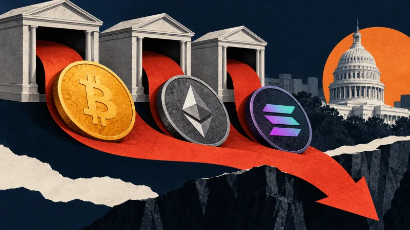 Colagem clean com moedas cripto e fluxo saindo de fundos institucionais