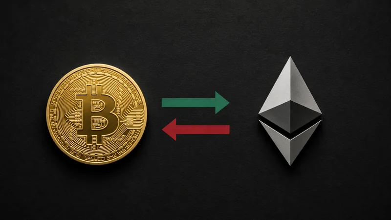 Bitcoin e Ethereum com setas opostas em colagem minimalista sobre fluxos de ETFs