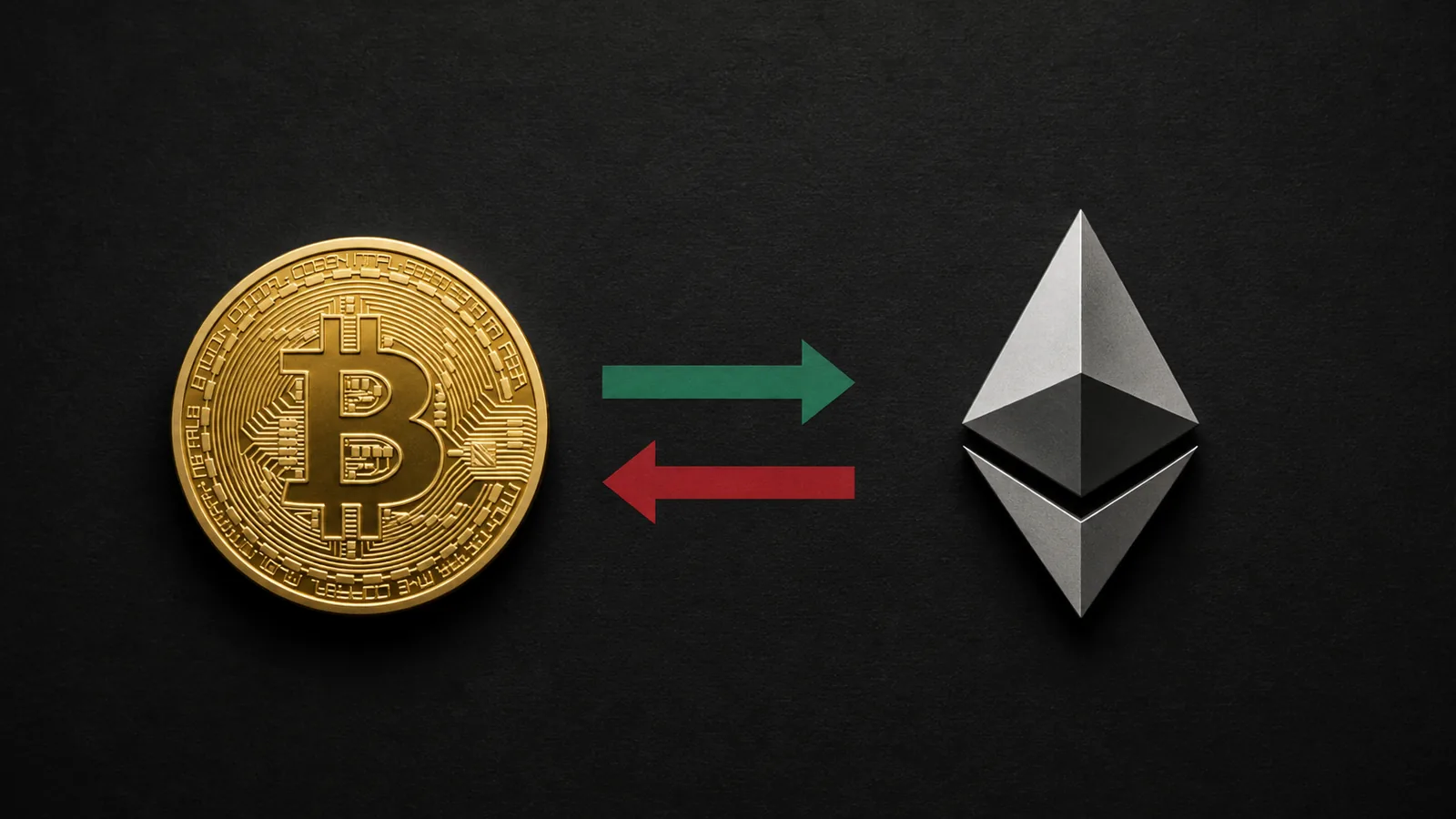 Bitcoin e Ethereum com setas opostas em colagem minimalista sobre fluxos de ETFs