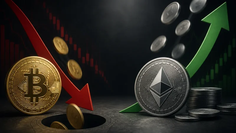 Moedas de Bitcoin e Ethereum com setas opostas representam fluxos de ETFs
