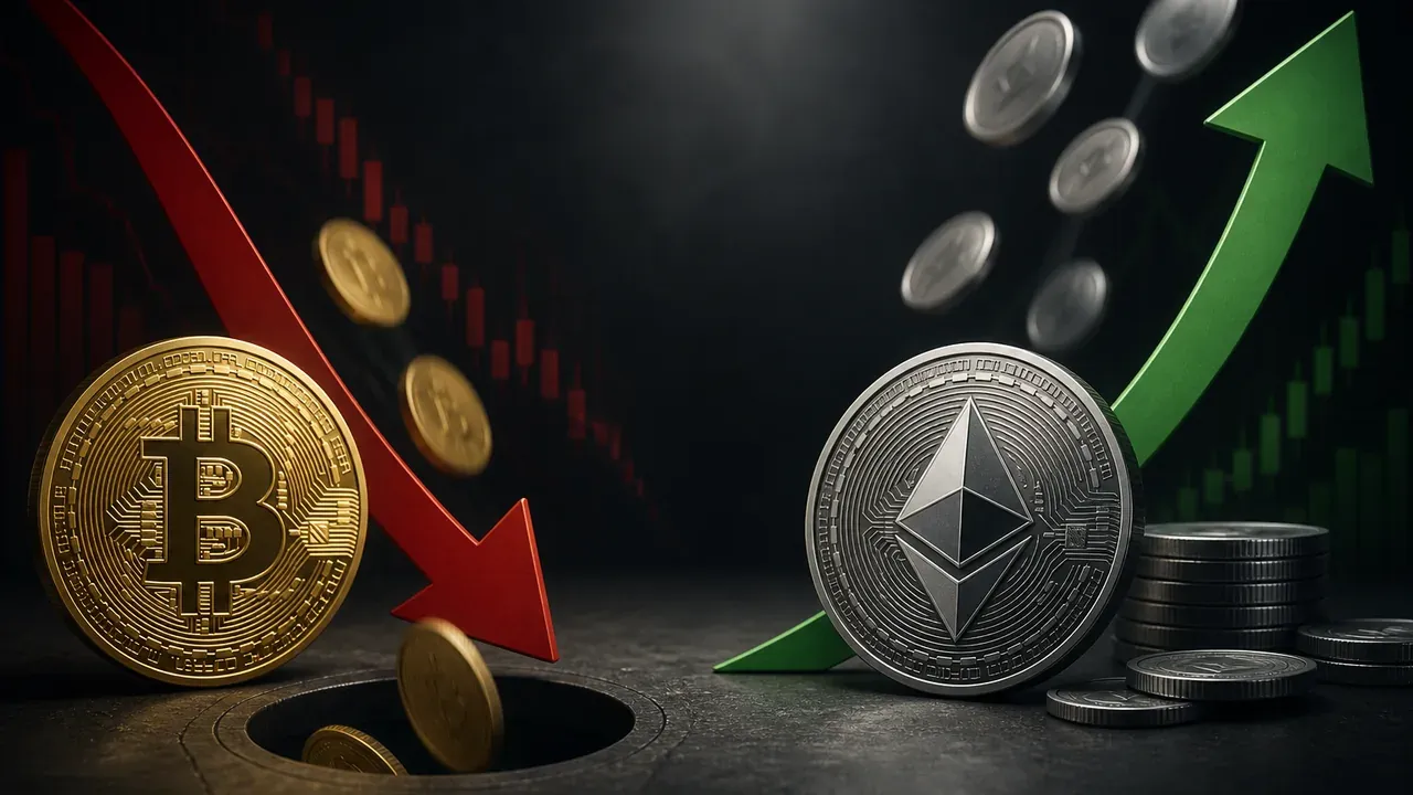 Moedas de Bitcoin e Ethereum com setas opostas representam fluxos de ETFs
