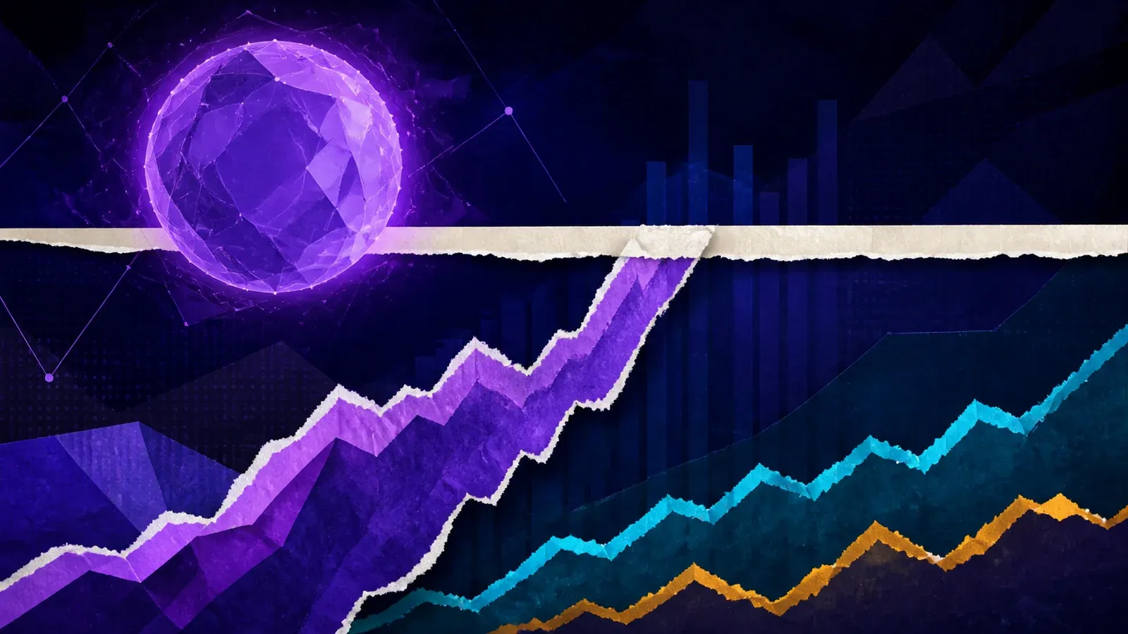 Colagem editorial com ativo digital violeta e linha de mercado próxima de uma resistência
