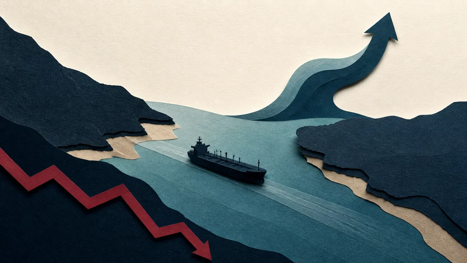 Petroleiro no Estreito de Hormuz com setas de petróleo e bolsas em colagem editorial