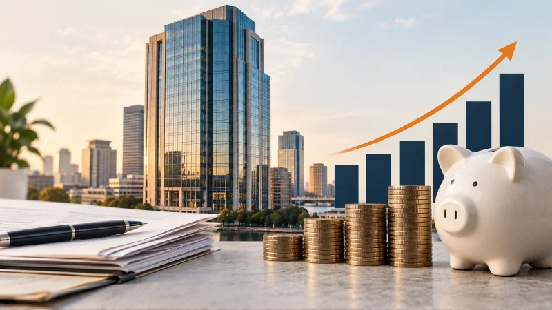 Colagem clean sobre banco, empréstimos e depósitos em crescimento