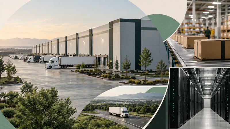 Colagem clean sobre galpões logísticos, e-commerce e data centers