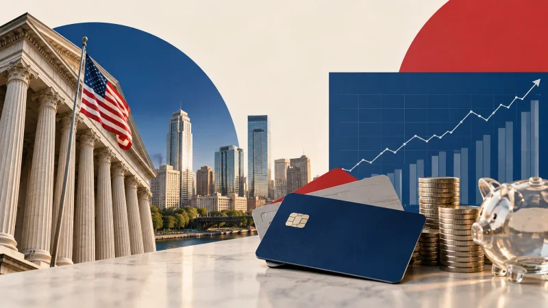Colagem clean sobre banco americano, pagamentos e mercado de capitais