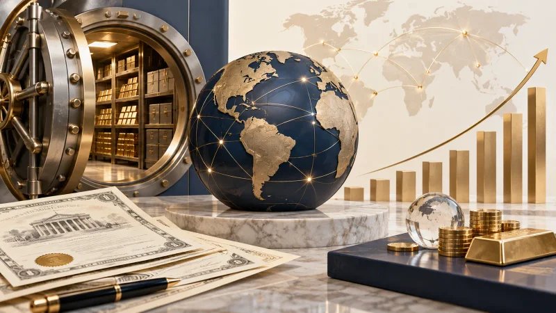 Colagem clean sobre custódia global, certificados e crescimento de lucro