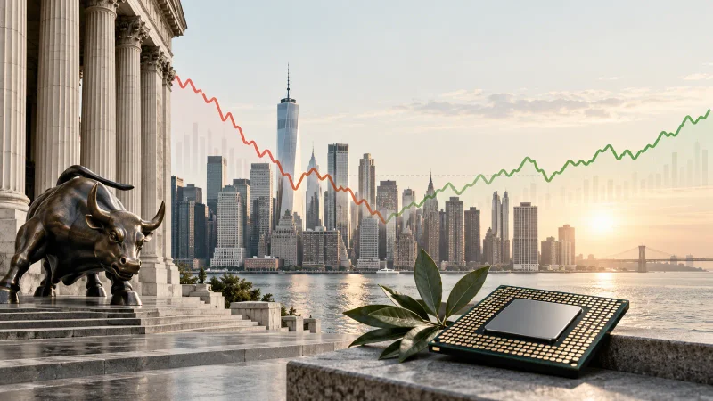Colagem clean sobre estabilização de Wall Street após queda de ações de IA
