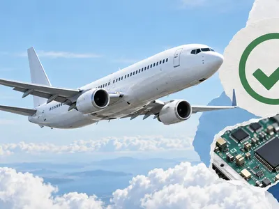 Colagem clean com avião comercial, circuito eletrônico e selo de aprovação