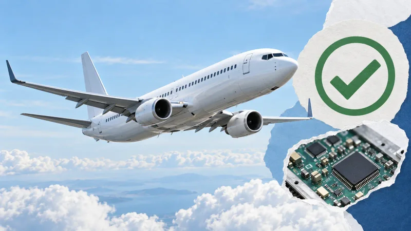 Colagem clean com avião comercial, circuito eletrônico e selo de aprovação