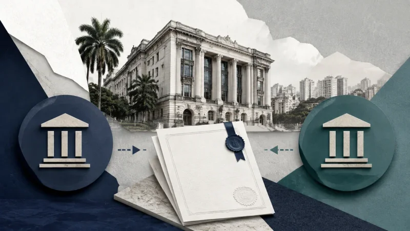 Colagem minimalista com prédio institucional e documento representando proposta entre FCFL11 e HGRU11