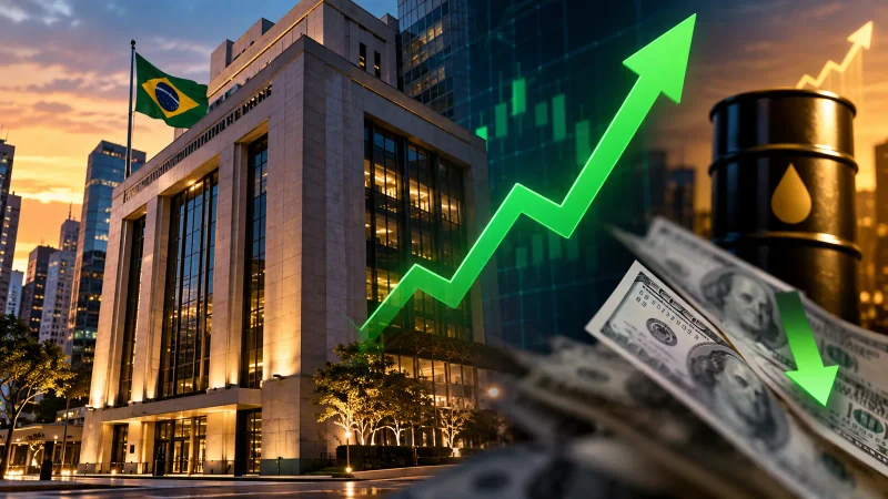 Colagem jornalística com Bolsa brasileira em alta, dólar em queda e petróleo no fechamento de 8 de setembro de 2026