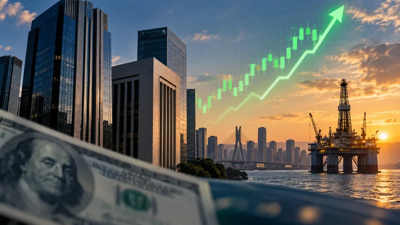 Colagem com centro financeiro, gráfico de alta, petróleo e dólar representa o fechamento do Ibovespa