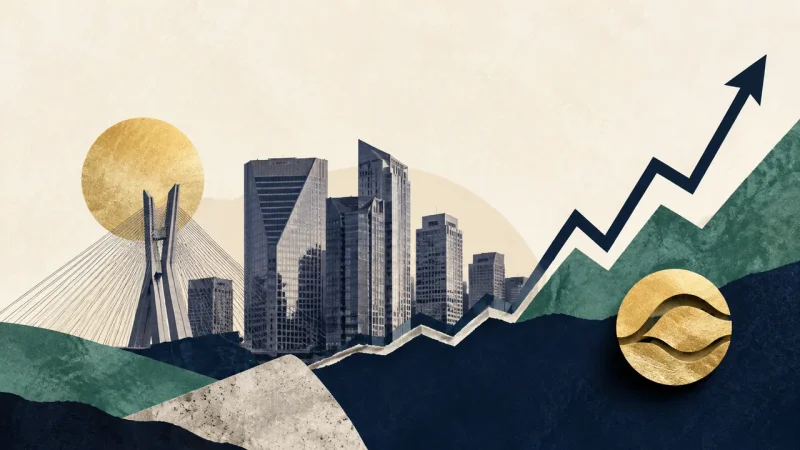 Colagem minimalista com skyline de São Paulo e gráfico de alta do Ibovespa