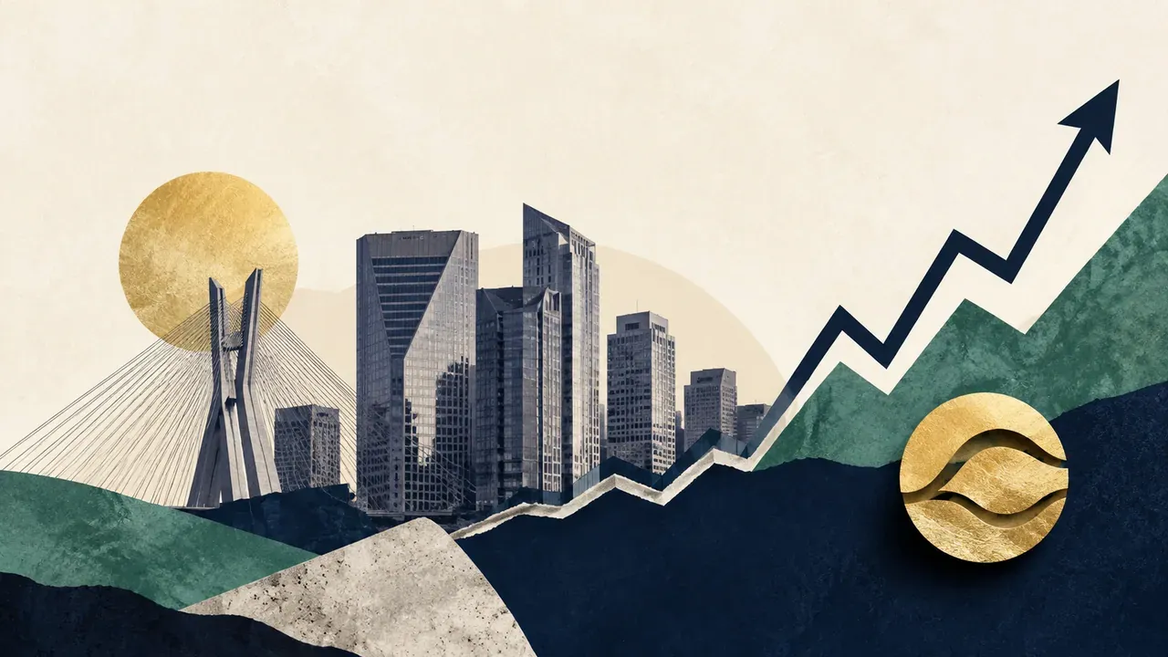 Colagem minimalista com skyline de São Paulo e gráfico de alta do Ibovespa