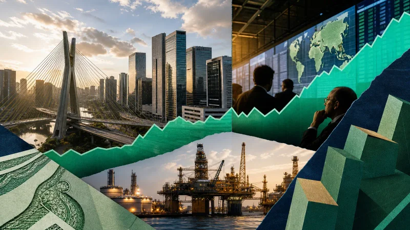 Colagem editorial com mercado brasileiro, petróleo, dólar e gráfico de alta no fechamento