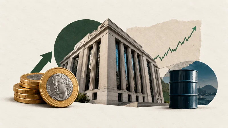 Prédio de bolsa, moedas, gráfico de alta e barril de petróleo em colagem editorial