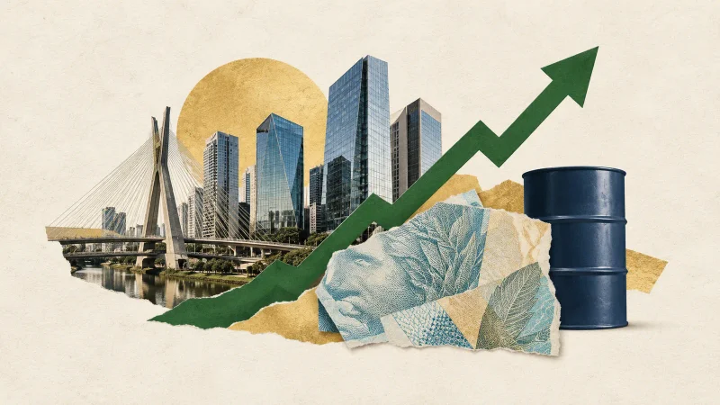 Colagem editorial clean com centro financeiro, linha de alta, real e barril de petróleo