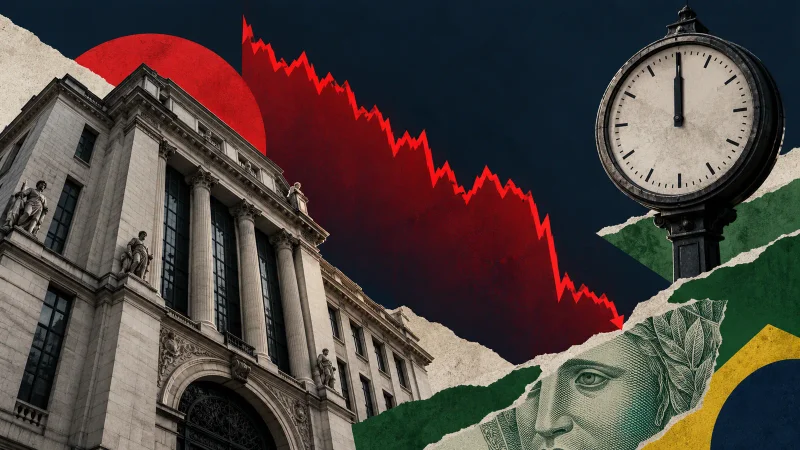 Colagem minimalista com bolsa de valores, relógio, gráfico em queda e dólar
