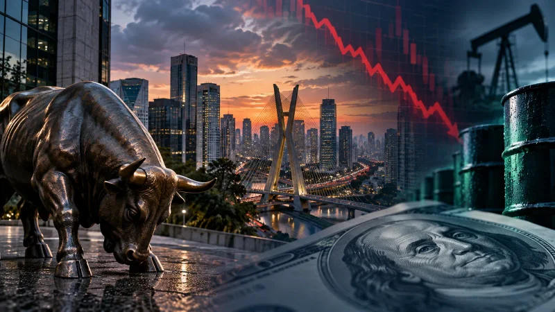 Colagem editorial com São Paulo, linha de mercado em queda, dólar e petróleo no fechamento de 23 de setembro