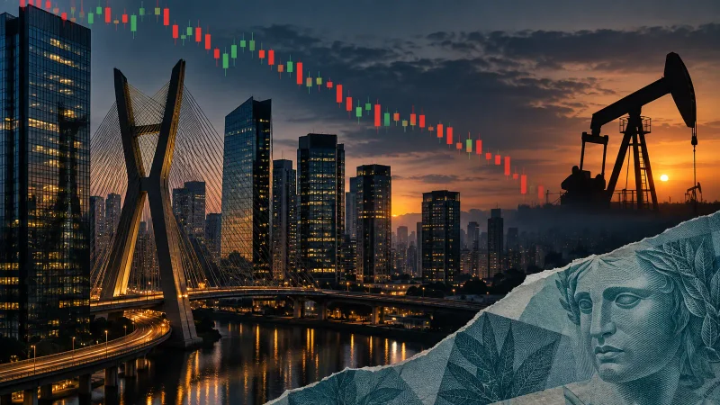 Colagem editorial ilustrativa de São Paulo, mercado financeiro em queda e petróleo
