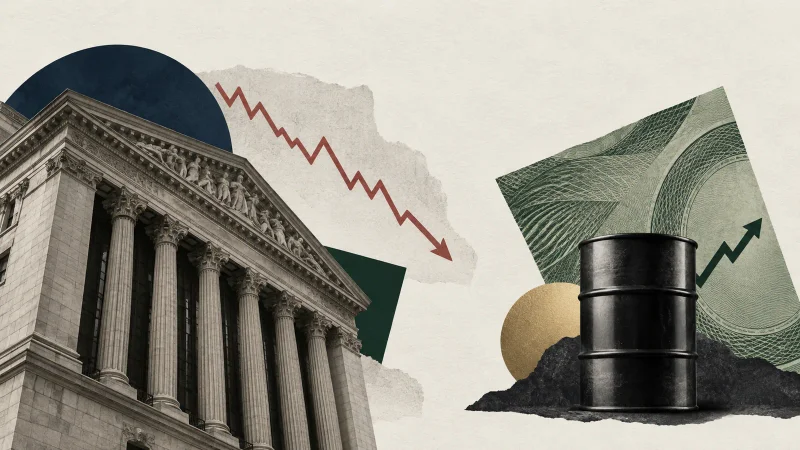 Bolsa de valores, gráfico em queda, dólar e barril de petróleo em colagem editorial