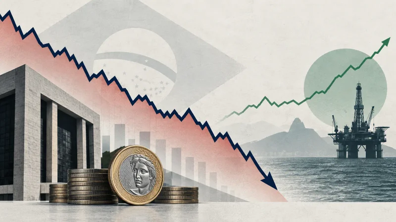 Colagem financeira com linha de queda da Bolsa, moedas e plataforma de petróleo