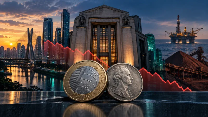São Paulo, prédio financeiro, moedas, petróleo e gráfico em queda representam o fechamento do mercado
