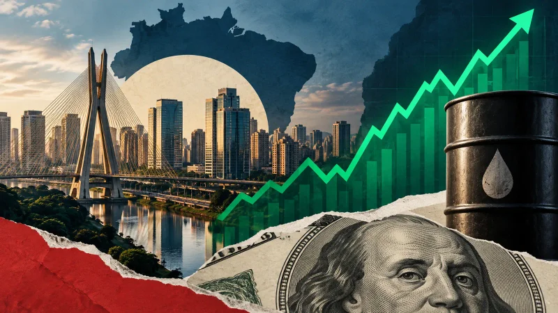 Colagem com skyline de São Paulo, gráfico ascendente, barril de petróleo e dólar representando o fechamento do mercado