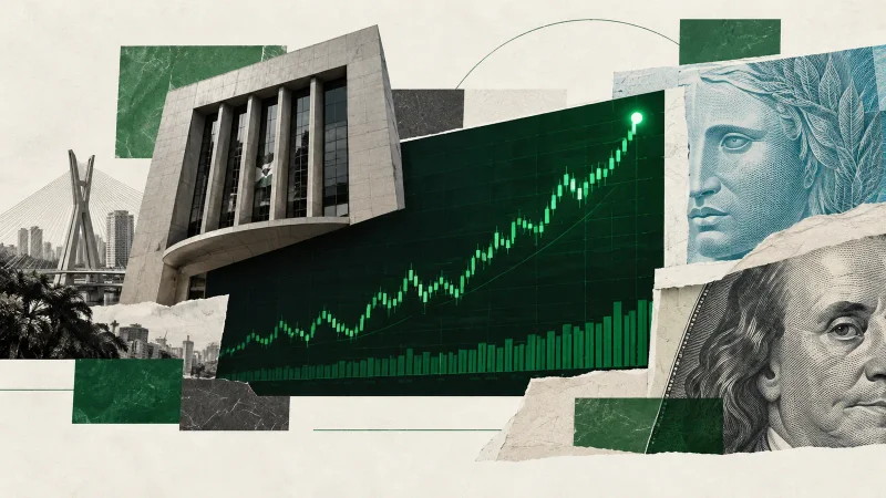 Colagem clean com Bolsa brasileira, gráfico em alta, real e dólar