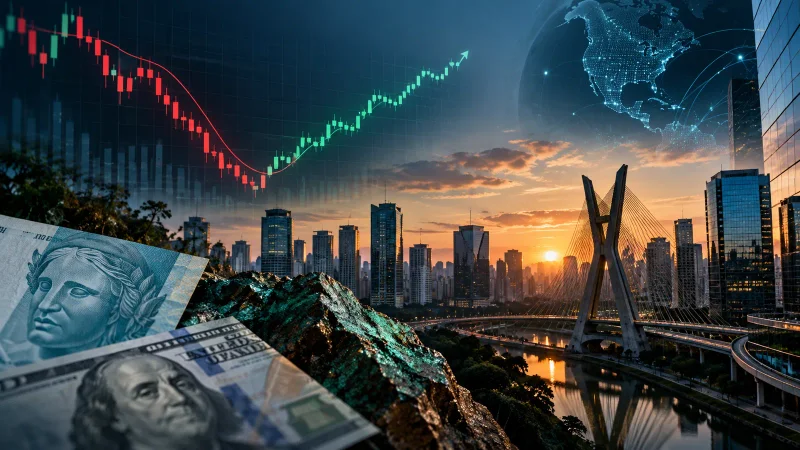 Colagem com skyline de São Paulo, gráfico em recuperação, real, dólar e minério no fechamento do Ibovespa