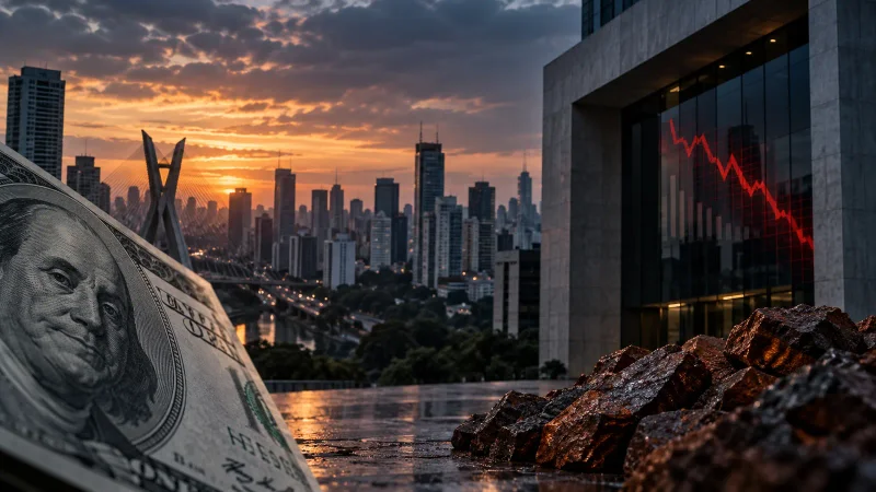 Colagem editorial com São Paulo, gráfico em queda, dólar e minério de ferro no fechamento do mercado