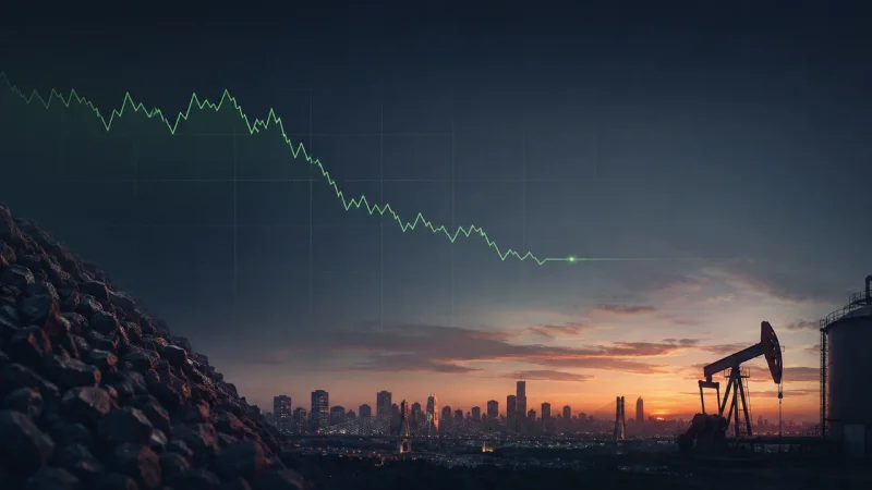 Colagem minimalista sobre o fechamento do Ibovespa com São Paulo, minério de ferro, petróleo e gráfico perdendo força