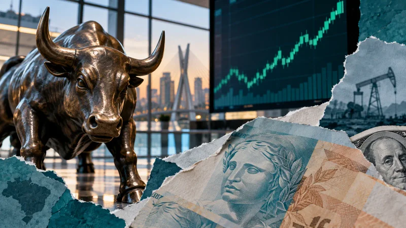Colagem de touro da bolsa, gráfico, cédulas e petróleo ilustra o fechamento de 21 de setembro de 2026