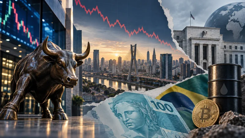 Colagem do fechamento semanal com Bolsa, São Paulo, juros globais, petróleo e Bitcoin