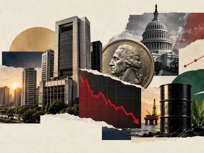 Colagem editorial clean com São Paulo, dólar, petróleo, mercado em queda e curva de juros em alta