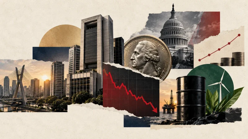 Colagem editorial clean com São Paulo, dólar, petróleo, mercado em queda e curva de juros em alta