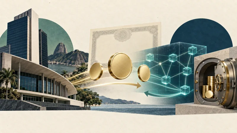 Colagem editorial clean com arquitetura institucional brasileira, tokens digitais, rede distribuída, certificado e cofre de custódia