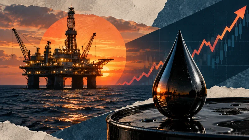 Barril e instalação petrolífera sob luz de fim de tarde