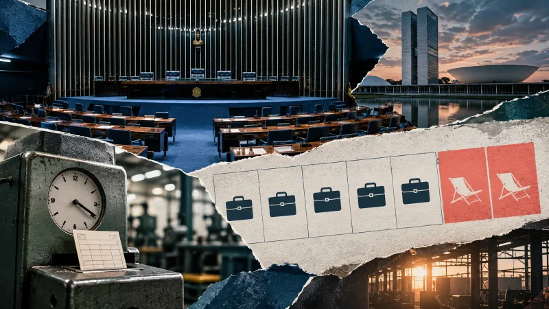 Plenário legislativo vazio com calendário e relógio