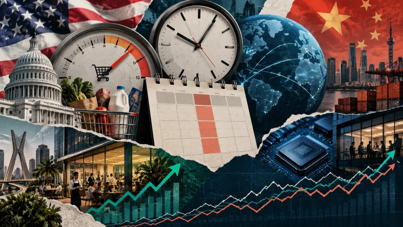 Calendário econômico com gráficos e relógio sem texto
