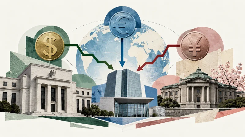 Colagem minimalista com três bancos centrais, globo e setas de juros