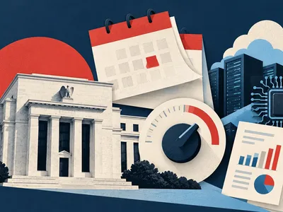 Colagem minimalista com prédio do Federal Reserve, calendário, medidor de juros e servidores