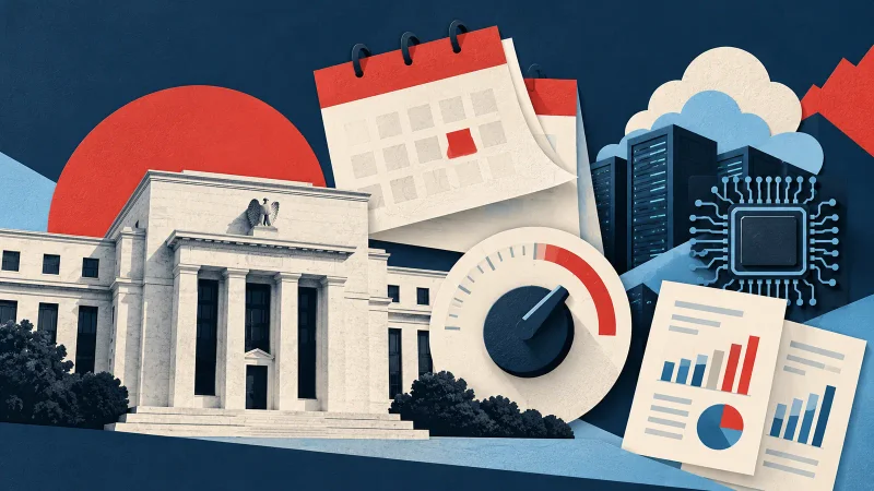 Colagem minimalista com prédio do Federal Reserve, calendário, medidor de juros e servidores