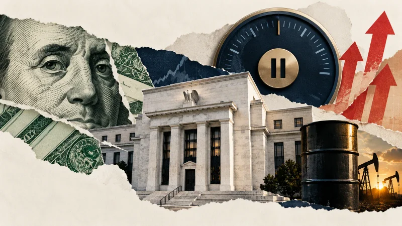 Colagem minimalista com sede do Federal Reserve, dólar, petróleo e indicador de juros pausado