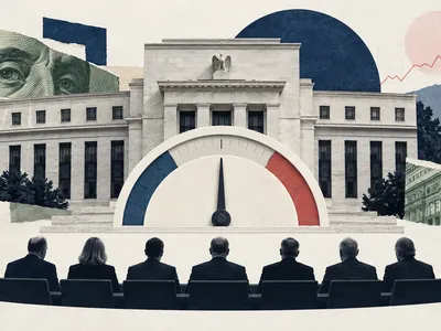Colagem minimalista com banco central, gráfico de juros, dólar e dois votos divergentes